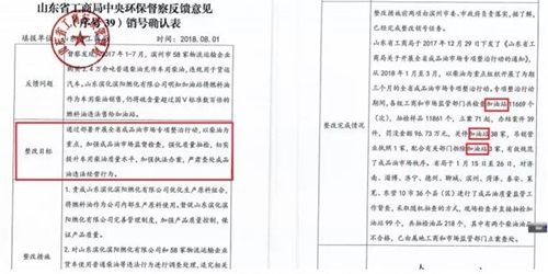 2018年11月1日，中央第三生態(tài)環(huán)境保護(hù)督察組進(jìn)駐山東省開展&ldquo;回頭看&rdquo;。通過對(duì)相關(guān)部門走訪問詢，并抽查有關(guān)企業(yè)，發(fā)現(xiàn)山東省物流運(yùn)輸企業(yè)違規(guī)使用普通柴油或其他高硫分燃油問題依然十分突出，柴油貨車尾氣污染嚴(yán)重。  一、基本情況  《大氣污染防治法》明確，禁止向汽車和摩托車銷售普通柴油以及其他非機(jī)動(dòng)車用燃料。第一輪中央環(huán)保督察反饋指出，山東省以普通柴油替代車用柴油的情況較多，濱州等地市大量物流運(yùn)輸企業(yè)違規(guī)使用普通柴油，尾氣污染問題突出。  為此，山東省整改方案要求，杜絕違規(guī)使用普通柴油的情況，并明確由原省工商局負(fù)責(zé)部署推進(jìn)相應(yīng)整改工作。原省工商局于2018年8月1日上報(bào)山東省環(huán)境保護(hù)督察反饋意見整改工作領(lǐng)導(dǎo)小組，聲稱該問題完成整改并銷號(hào)。  二、主要問題  督察發(fā)現(xiàn)，原山東省工商局作為整改責(zé)任主體沒有認(rèn)真履行整改職責(zé)，未就整改工作進(jìn)行部署推進(jìn)，整改任務(wù)目標(biāo)完全落空，全省物流運(yùn)輸企業(yè)違規(guī)使用普通柴油或高硫分燃油問題依然普遍存在。  （一）違規(guī)售油無人管。督察組抽查3個(gè)地市的4家煉化公司，發(fā)現(xiàn)這些煉化公司違規(guī)大量向物流運(yùn)輸企業(yè)銷售普通柴油或其他高硫分燃油，導(dǎo)致這些柴油大量替代車用柴油使用，污染嚴(yán)重。2018年，東營齊潤化工有限公司將3萬余噸硫含量近2000mg/kg的常壓柴油售給物流運(yùn)輸企業(yè)和加油站，墾利石化有限公司也將3萬余噸硫含量2000-3000mg/kg的燃油售給相關(guān)物流運(yùn)輸企業(yè)和加油站，硫含量最高超標(biāo)約300倍。2017年中央環(huán)保督察以來，山東匯豐石化集團(tuán)有限公司將近40萬噸普通柴油銷往多家物流運(yùn)輸企業(yè)，濰坊市昌邑石化有限公司將5萬余噸國Ⅳ和國Ⅴ的普通柴油售給物流運(yùn)輸企業(yè)?，F(xiàn)場抽查發(fā)現(xiàn)，物流運(yùn)輸企業(yè)多數(shù)在自身停車場內(nèi)私自安裝加油裝置，將所購違規(guī)油品自用，昌邑市盛宏物流有限公司甚至違法轉(zhuǎn)售其他社會(huì)車輛。   圖1 昌邑市盛宏物流有限公司在停車場內(nèi)私設(shè)加油裝置  （二）督察整改做樣子。原省工商局作為督察整改的責(zé)任主體，接受任務(wù)時(shí)服從安排，實(shí)際整改時(shí)做做樣子。督察反饋明確指出問題主要是煉化公司違法向物流運(yùn)輸企業(yè)銷售普通柴油替代車用柴油使用，導(dǎo)致汽車尾氣污染。但原省工商局等部門整改時(shí)僅部署對(duì)加油站和成品油倉儲(chǔ)批發(fā)企業(yè)的檢查，沒有將煉化公司到物流運(yùn)輸企業(yè)的黑色鏈條作為查處對(duì)象。整改工作指東打西，真正問題沒有觸及。另外，整改方案明確的目標(biāo)是&ldquo;強(qiáng)化日常監(jiān)督管理，杜絕違規(guī)使用普通柴油&rdquo;；但原省工商局擅自在銷號(hào)材料中將目標(biāo)改為&ldquo;針對(duì)加油站開展專項(xiàng)整治行動(dòng)&rdquo;，以此蒙混過關(guān)，虛假銷號(hào)。   圖2 原省工商局在銷號(hào)確認(rèn)表上弄虛作假  （三）執(zhí)法監(jiān)管走過場。2017年以來，山東省各市共打擊取締非法加油點(diǎn)近2000家，但僅對(duì)涉案物流運(yùn)輸企業(yè)進(jìn)行了處罰，未能以此為線索追根溯源，對(duì)源頭煉化公司違規(guī)售油問題進(jìn)行查處，煉化企業(yè)到物流運(yùn)輸企業(yè)的黑色鏈條始終未被斬?cái)唷? 一些煉化企業(yè)長期游離于監(jiān)管之外，缺乏對(duì)法律的敬畏。2018年8月，生態(tài)環(huán)境部調(diào)研發(fā)現(xiàn)中國化工集團(tuán)山東昌邑石化有限公司涉嫌違法生產(chǎn)銷售國Ⅳ普通柴油，但在進(jìn)一步調(diào)查時(shí)，企業(yè)拒絕配合，不提供相關(guān)臺(tái)賬，并臨時(shí)編造相關(guān)記錄。&ldquo;回頭看&rdquo;進(jìn)駐后，督察組再次現(xiàn)場檢查，要求企業(yè)提供儲(chǔ)運(yùn)臺(tái)賬，企業(yè)依然拒絕提供，并繼續(xù)編造謊言，提供虛假材料，性質(zhì)十分惡劣。  對(duì)此，濰坊市查處不嚴(yán)不實(shí)，甚至試圖蒙混過關(guān)。在督察組兩次督導(dǎo)后，查處工作依然走過場，在未調(diào)度企業(yè)生產(chǎn)記錄和儲(chǔ)運(yùn)臺(tái)賬等關(guān)鍵證據(jù)的情況下，即采信企業(yè)說法，甚至未調(diào)閱生產(chǎn)記錄就作出該企業(yè)2018年未生產(chǎn)銷售國Ⅳ普通柴油的結(jié)論。直到督察組再次督導(dǎo)、進(jìn)一步明確要求后才加大查處力度，發(fā)現(xiàn)該企業(yè)2018年實(shí)際以燃料油名義違規(guī)銷售國Ⅳ普通柴油4萬多噸。  三、原因分析  原山東省工商局不在整改落實(shí)中下功夫，反而在整改銷號(hào)上動(dòng)腦筋，表面整改，虛假整改問題突出。  山東省有關(guān)地市不敢動(dòng)真碰硬，對(duì)違法銷售不合格油品的黑色鏈條整治不力，未能對(duì)油品來源追根溯源，未對(duì)煉化企業(yè)的違法行為依法查處。